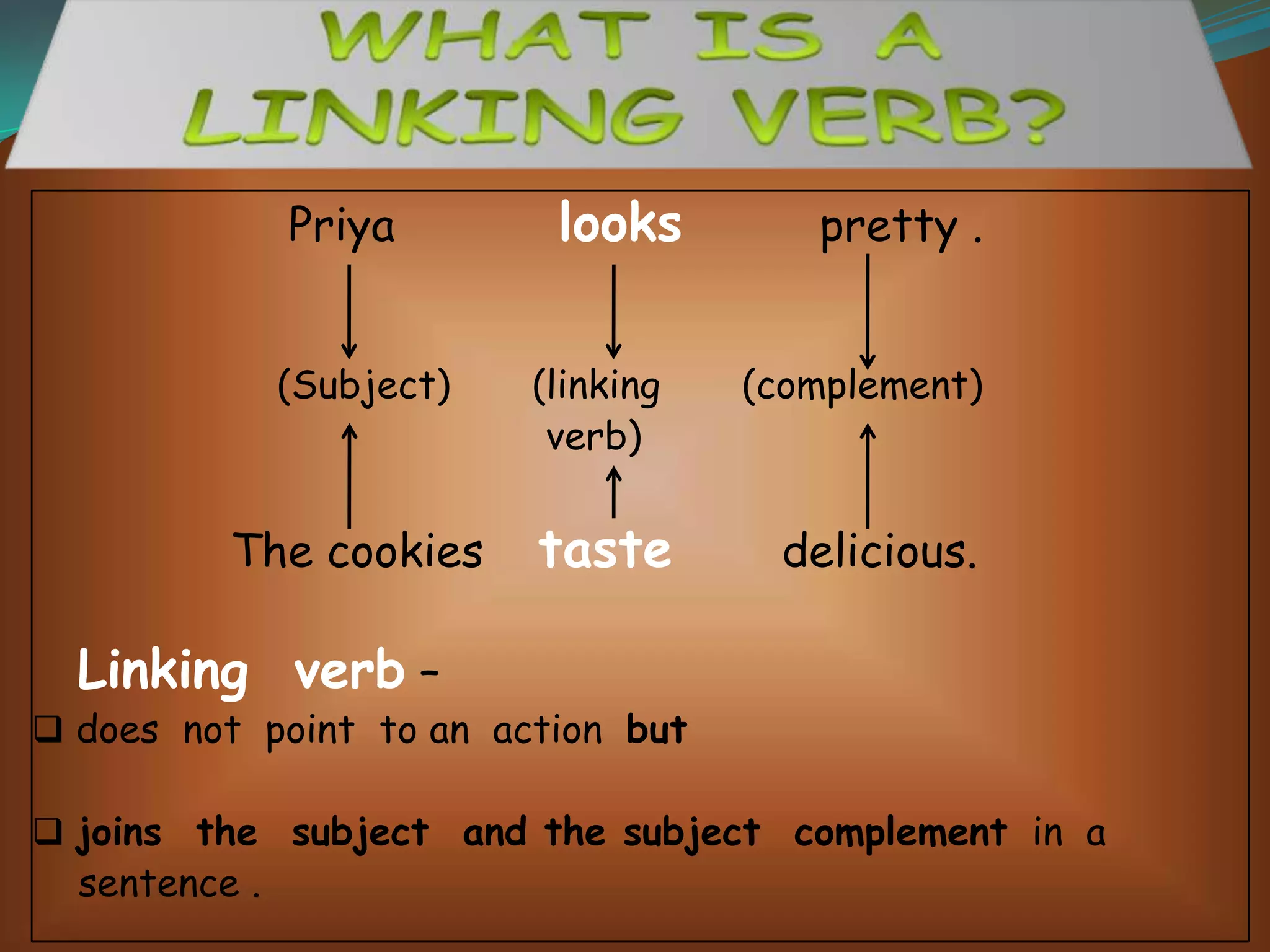 Priya

looks

(Subject)

(linking
verb)

The cookies

taste

pretty .
(complement)

delicious.

Linking verb –

 does not point to an action but
 joins the subject and the subject complement in a

sentence .

 