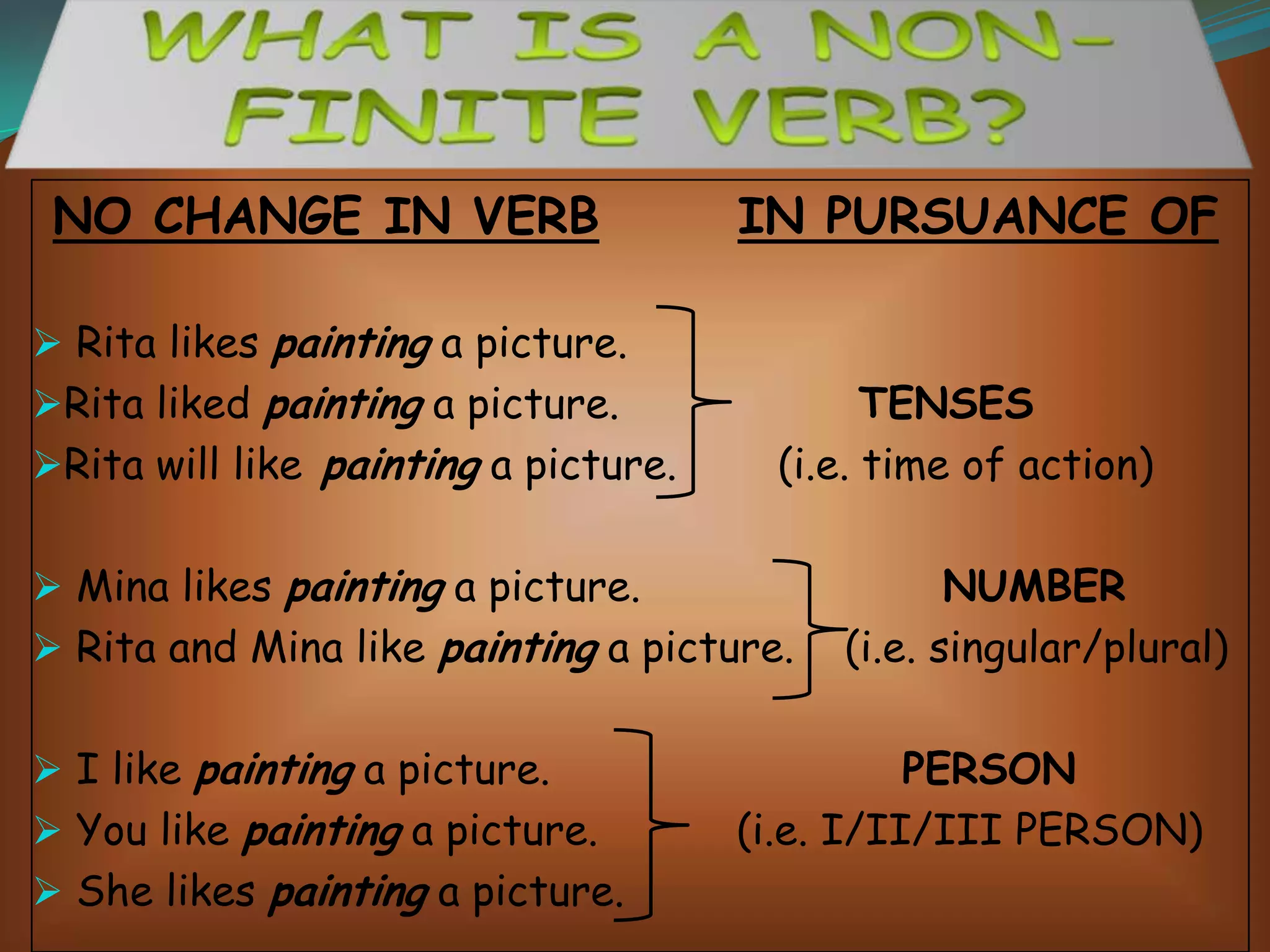 NO CHANGE IN VERB

IN PURSUANCE OF

 Rita likes painting a picture.
Rita liked painting a picture.

Rita will like painting a picture.
 Mina likes painting a picture.

TENSES
(i.e. time of action)

 Rita and Mina like painting a picture.

 I like painting a picture.

 You like painting a picture.

 She likes painting a picture.

NUMBER
(i.e. singular/plural)

PERSON
(i.e. I/II/III PERSON)

 