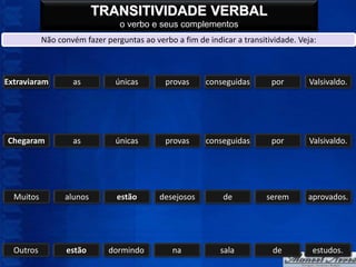 TRANSITIVIDADE VERBAL
                                o verbo e seus complementos
           Não convém fazer perguntas ao verbo a fim de indicar a transitividade. Veja:



Extraviaram        as          únicas        provas     conseguidas       por        Valsivaldo.




Chegaram           as          únicas        provas     conseguidas       por        Valsivaldo.




  Muitos         alunos        estão       desejosos         de          serem      aprovados.




  Outros         estão       dormindo          na           sala           de        estudos.
 