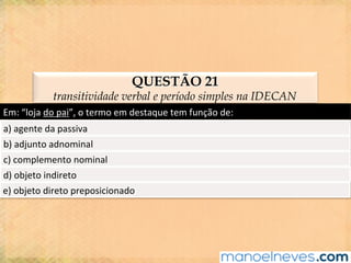 QUESTÃO 21
transitividade verbal e período simples na IDECAN
Em:	“loja	do	pai”,	o	termo	em	destaque	tem	função	de:	
a)	agente	da	passiva	
b)	adjunto	adnominal	
c)	complemento	nominal	
d)	objeto	indireto	
e)	objeto	direto	preposicionado	
 