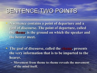 ١٤٣٤/٠٨/١ 30
SENTENCE:TWO POINTSSENTENCE:TWO POINTS
• A sentence contains a point of departure and aA sentence contains a point of departure and a
goal of discourse. The point of departure, calledgoal of discourse. The point of departure, called
thethe themetheme, is the ground on which the speaker and, is the ground on which the speaker and
the hearer meet.the hearer meet.
• The goal of discourse, called theThe goal of discourse, called the rhemerheme, presents, presents
the very information that is to be imparted to thethe very information that is to be imparted to the
hearer.hearer.
– Movement from theme to rheme reveals the movementMovement from theme to rheme reveals the movement
of the mind itself.of the mind itself.
 