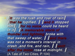 ١٤٣٤/٠٨/١ 33
• ║║ItIt was the rush and roar of rain║was the rush and roar of rain║
║║that hethat he typified, ║ ║typified, ║ ║and itand it stoppedstopped
him║, ║him║, ║for no voicefor no voice could be heardcould be heard
in it║. ║in it║. ║A memorable storm ofA memorable storm of
thunder and lightningthunder and lightning broke withbroke with
that sweep of water, ║ ║that sweep of water, ║ ║ and thereand there
was not a moment's interval inwas not a moment's interval in
crash ,and fire, and rain, ║ ║crash ,and fire, and rain, ║ ║ untiluntil
after the moonafter the moon rose at midnight. ║rose at midnight. ║
(A Tale of Two Cities, P.104)(A Tale of Two Cities, P.104)
 