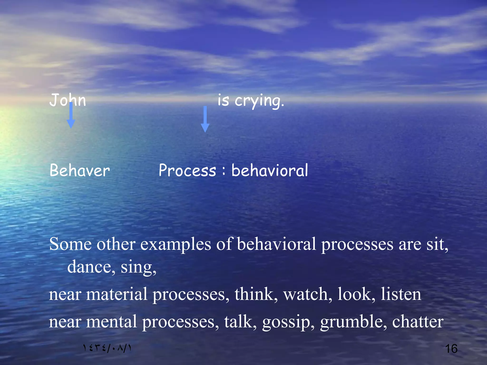 ١٤٣٤/٠٨/١ 16
John is crying.
Behaver Process : behavioral
Some other examples of behavioral processes are sit,
dance, sing,
near material processes, think, watch, look, listen
near mental processes, talk, gossip, grumble, chatter
 
