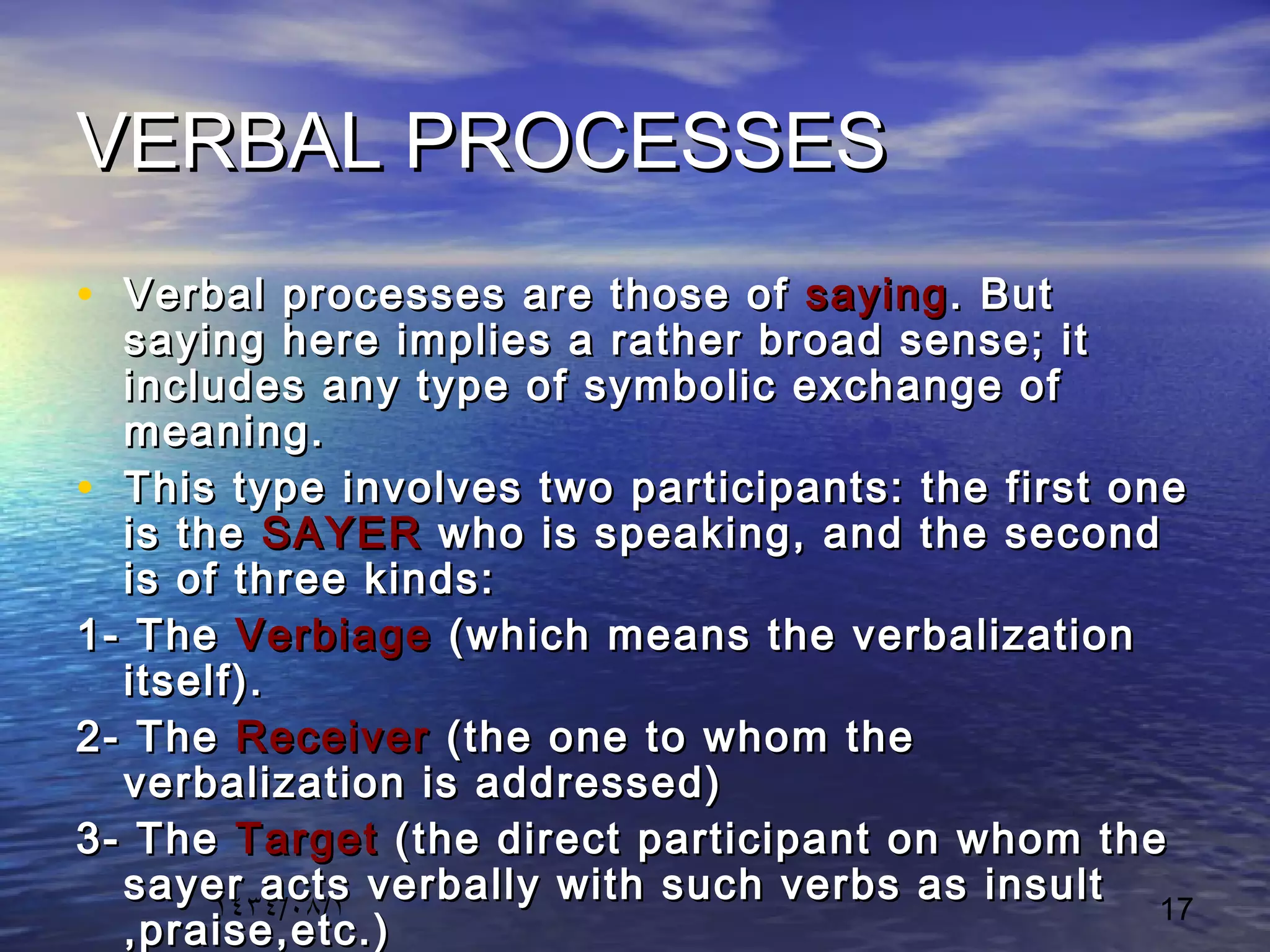 ١٤٣٤/٠٨/١ 17
VERBAL PROCESSESVERBAL PROCESSES
• Verbal processes are those ofVerbal processes are those of sayingsaying. But. But
saying here implies a rather broad sense; itsaying here implies a rather broad sense; it
includes any type of symbolic exchange ofincludes any type of symbolic exchange of
meaning.meaning.
• This type involves two participants: the first oneThis type involves two participants: the first one
is theis the SAYERSAYER who is speaking, and the secondwho is speaking, and the second
is of three kinds:is of three kinds:
1- The1- The VerbiageVerbiage (which means the verbalization(which means the verbalization
itself).itself).
2- The2- The ReceiverReceiver (the one to whom the(the one to whom the
verbalization is addressed)verbalization is addressed)
3- The3- The TargetTarget (the direct participant on whom the(the direct participant on whom the
sayer acts verbally with such verbs as insultsayer acts verbally with such verbs as insult
,praise,etc.),praise,etc.)
 