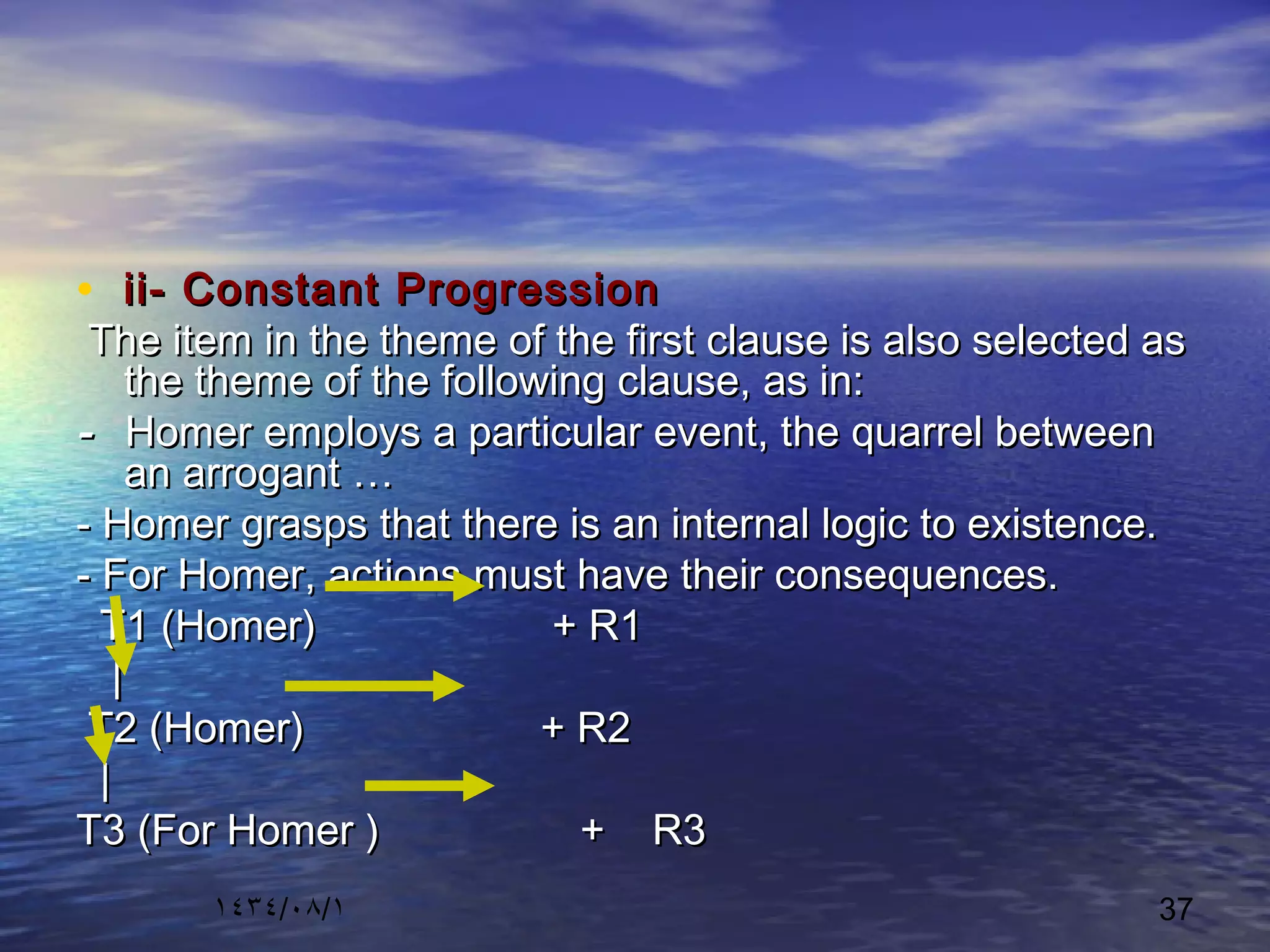 ١٤٣٤/٠٨/١ 37
• ii- Constant Progressionii- Constant Progression
The item in the theme of the first clause is also selected asThe item in the theme of the first clause is also selected as
the theme of the following clause, as in:the theme of the following clause, as in:
-- Homer employs a particular event, the quarrel betweenHomer employs a particular event, the quarrel between
an arrogant …an arrogant …
- Homer grasps that there is an internal logic to existence.- Homer grasps that there is an internal logic to existence.
- For Homer, actions must have their consequences.- For Homer, actions must have their consequences.
T1 (Homer) + R1T1 (Homer) + R1
||
T2 (Homer) + R2T2 (Homer) + R2
||
T3 (For Homer ) + R3T3 (For Homer ) + R3
 