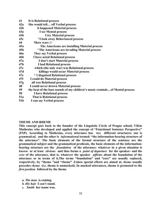 10
41 It is Relational process
42a She would tell… off Verbal process
42b it happened Material process
43a I see Mental process
43b I try Material process
43c ^I look away Behavioural process
44 More wars ///
45a The Americans are installing Material process
45b ^The Americans are invading Material process
46a They say Verbal process
46b I have acted Relational process
47a I don‟t start Material process
47b I had Relational process
47c which (the only war) was Relational process
47d killings would occur Material process
47e ^ I disguised Relational process
47f I could do Material process
47g all was Relational process
48 I could never drown Material process
49 the beat of the bass sounds of my children‟s music reminds…of Mental process
50 I have Relational process
51a That is Relational process
51b I can say Verbal process
THEME AND RHEME
This concept goes back to the founder of the Linguistic Circle of Prague school, Vilém
Mathesius who developed and applied the concept of “Functional Sentence Perspective”
(FSP). According to Mathesius, every utterance has two different structures: one is
grammatical, and the other is informational termed: “the information-bearing structure of
the utterance”. The basic elements of the formal structure of the sentence are the
grammatical subject and the grammatical predicate, the basic elements of the information-
bearing structure are the foundation of the utterance- whatever in a given situation is
known or at least obvious and thus forms a point of departure for the speaker- and the
core of the utterance, that is, whatever the speaker affirms about the foundation of the
utterance or in terms of it.The terms “foundation” and “core” are usually replaced,
respectively, by “theme ”and “rheme” .Unless special effects are aimed at, theme usually
precedes rheme (i.e. theme is unmarked). In marked utterances, rheme is promoted to the
first position followed by the theme
a. The man is coming.
b. His hair I can‟t stand.
c. Smith her name was.
 
