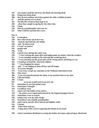 6
19c you cannot smell the hot iron, the blood, the burning flesh.
20a People just drop dead,
20b they do not continue surviving against the odds, writhing in pain.
21 And the prisons are so clean.
22a Not like the rat boxes they kept us in
22b when they caught us spying for the other side.
23a I hope
23b that my granddaughter does not see
23c what I and her parents have seen.
Part 3.
24a I remember
24b how relieved my son in law was
24c when he married into our family
24d and ^he discovered
24e I wasn‟t as mad as
24f people said
24g I was.
25a I acted crazy during the entire war,
25b ^ I was wearing the same shirt and indigo pants no matter what the weather,
25c ^ I was standing outside in the rain and the sweltering heat
25d ^ I was enacting out the great epics of the Trung sisters and King Le Loi.
26a I would go around the American soldiers
26b ^ I was begging for money
26c and ^ I was singing to them off key and off tempo.
27a Everyone thought
27b I was crazy except my comrades at the National Liberation Front.
28a They knew
28b I was carrying documents for them, in my pockets close to my skin.
29a I did not bathe,
29b I stank
29c so no one would want to go near me.
30 Sometimes it was fun acting crazy.
31a Sometimes I thought
31b I would go crazy
31c when I saw the bodies of my sisters,
31d ^ the sisters were raped and tortured by the Imperial puppet forces.
32a Sometimes I was so scared
32b acting crazy was my only escape.
33a Nowadays I am a kindly grandmother
33b and I can be myself, silver haired and slightly senile.
34a I choose
34b what I hear and say.
35a I chop meat with a cleaver ignoring the thunks in my head
35b when I sometimes flashback to seeing the bodies of corpses splayed open, blood and
 