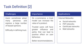 Task Definition [2]
Challenges
Users sometimes adopt
many personas and
express a large number
of biased opinions.
Difficulty in defining trust.
Importance
On e-commerce, a trust
model can increase the
value of a product.
Trusted users will have
greater influence and
perks; that can lead to
positive effect on user
behaviour.
Better recommendations.
Applications
Internet Networks:
● Social networks
● P2P networks
● Certificate networks
● Mail networks
 