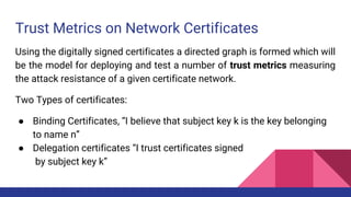 Trust Metrics on Network Certificates
Using the digitally signed certificates a directed graph is formed which will
be the model for deploying and test a number of trust metrics measuring
the attack resistance of a given certificate network.
Two Types of certificates:
● Binding Certificates, “I believe that subject key k is the key belonging
to name n”
● Delegation certificates “I trust certificates signed
by subject key k”
 