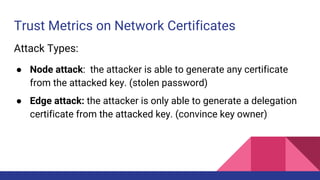 Trust Metrics on Network Certificates
Attack Types:
● Node attack: the attacker is able to generate any certificate
from the attacked key. (stolen password)
● Edge attack: the attacker is only able to generate a delegation
certificate from the attacked key. (convince key owner)
 