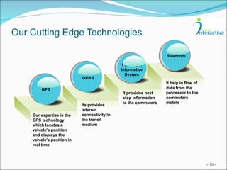 Our Cutting Edge Technologies -   - GPS  Our expertise is the GPS technology which locates a vehicle's position and displays the vehicle's position in real time Bottom-up Impact Analysis GPRS Its provides internet connectivity in the transit medium Remediation Passenger Information System  It provides next stop information to the commuters Bluetooth  It help in flow of data from the processor to the commuters mobile 
