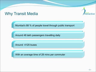 Why Transit Media -   - Mumbai's 88 % of people travel through public transport  Around 48 lakh passengers travelling daily Around  4120 buses With an average time of 28 mins per commuter 
