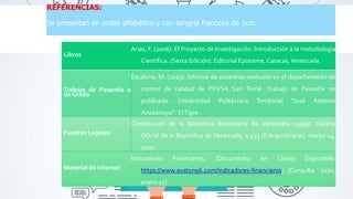 REFERENCIAS:
Se presentan en orden alfabético y con sangría francesa de 1cm.
Libros
Arias, F. (2006). El Proyecto de Investigación. Introducción a la metodología
Científica. (Sexta Edición). Editorial Episteme, Caracas, Venezuela.
Trabajo de Pasantía o
de Grado
Escalona, M. (2019). Informe de pasantías realizado en el departamento de
control de calidad de PDVSA San Tomé. Trabajo de Pasantía no
publicado. Universidad Politécnica Territorial “José Antonio
Anzoátegui”. ElTigre.
Fuentes Legales
Constitución de la República Bolivariana de Venezuela (1999). Gaceta
Oficial de la República de Venezuela, 5.453 (Extraordinario), marzo 24,
2000.
Material de Internet
Indicadores Financieros. [Documento en Línea] Disponible:
https://www.euston96.com/indicadores-financieros/ [Consulta: 2020,
enero 07]
 