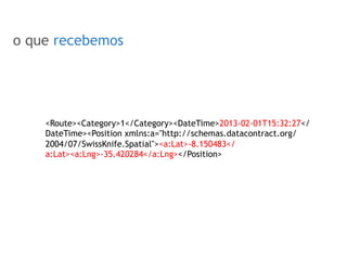 SOBRE O ROTEIRIZADOR
o que recebemos
<Route><Category>1</Category><DateTime>2013-02-01T15:32:27</
DateTime><Position xmlns:a="http://schemas.datacontract.org/
2004/07/SwissKnife.Spatial"><a:Lat>-8.150483</
a:Lat><a:Lng>-35.420284</a:Lng></Position>
 