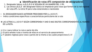 ■ Identificación de rutas ATS composición de designadores
1. Designador básico :A,B,G,R O W SEGUIDA DE UN NUMERO DEL 1-99;
2. Las letras A,B,G,E del designador básico se emplearan para rutas que formen de la red regional
de rutas ATS. La letra W para rutas estacionales o nacionales
▪ EL DESIGNADOR BASICO ANTERIOR PROCEDIDO POR U,J,V,D O F;
▪ Indica condiciones especificas o características particulares de a ruta
❖ LAS LETRAS U,J,V,D O F SEGÚN CORRESPONDA Y UNO O MAS DIGITOS CORRESPONDIENTES AL NUMERO
DE LA RUTA.
❑ U o j para indicar la ruta o parte de ella
❑ D para señales rutas o tramos de ellas en el servicio de asesoramiento
❑ F palabra inglesas para rutas o partes de la misma a las cuales proporciona S.I.V
 