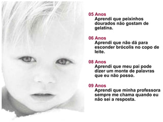 05 Anos Aprendi que peixinhos dourados não gostam de gelatina.  06 Anos Aprendi que não dá para esconder brócolis no copo de leite. 08 Anos Aprendi que meu pai pode dizer um monte de palavras que eu não posso. 09 Anos Aprendi que minha professora sempre me chama quando eu não sei a resposta. 
