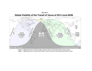 FIGURE 1
                   Global Visibility of the Transit of Venus of 2012 June 05/06
                                                                    Region X*




                                                                                                                                                   Greatest
                                                                                                                                                    Transit
                                                                                                                                                   at Zenith




                                                                                                                               Tra
               t




                                                          t
            nse




                                                        nse




                                                                                      Tra




                                                                                                                                 nsi
        t Su




                                                     t Su




                                                                                        nsi




                                                                                                                                  t Be
                                                                                           t En
      sa




                                                   sa




                                                                                                                                     gin
          IV                                                I                         IV                                             I




                                                                                            ds
                                                  gin
  End




                         Transit                                                                                                                    Entire




                                                                                                                                         sa
           III                                       II              No                    III               Transit            II
                                              t Be




                                                                                                 at S




                                                                                                                                         t Su
                      in Progress                                                                                                                  Transit
 nsit




                                                                   Transit                                in Progress
                                             nsi




                                                                                                  unr
                                                                                                                                                   Visible




                                                                                                                                           nris
Tra




                       at Sunset                                   Visible                                 at Sunrise
                                            Tra




                                                                                                    ise




                                                                                                                                              e
                        (June 05)                                                                           (June 06)




                                                                                                                                                  Region Y*

 F. Espenak, NASAs GSFC                                                                                            eclipse.gsfc.nasa.gov/OH/transit12.html

                     * Region X - Beginning and end of Transit are visible, but the Sun sets for a short period around maximum transit.
                     * Region Y - Beginning and end of Transit are NOT visible, but the Sun rises for a short period around maximum transit.
 