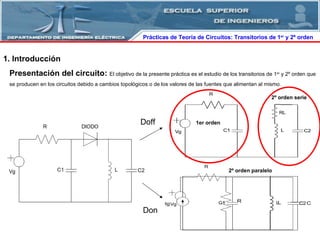 Introducción Presentación del circuito:  El objetivo de la presente práctica es el estudio de los transitorios de 1 er  y 2º orden que se producen en los circuitos debido a cambios topológicos o de los valores de las fuentes que alimentan al mismo.  Prácticas de Teoría de Circuitos: Transitorios   de   1 er  y 2º orden  Doff Don 1er orden 2º orden serie 2º orden paralelo 