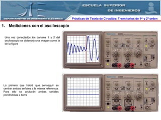Prácticas de Teoría de Circuitos: Transitorios   de   1 er  y 2º orden  Mediciones con el osciloscopio Una vez conectados los canales 1 y 2 del osciloscopio se obtendrá una imagen como la de la figura Lo primero que habrá que conseguir es centrar ambas señales a la misma referencia. Para ello se anularán ambas señales poniéndolas a tierra 