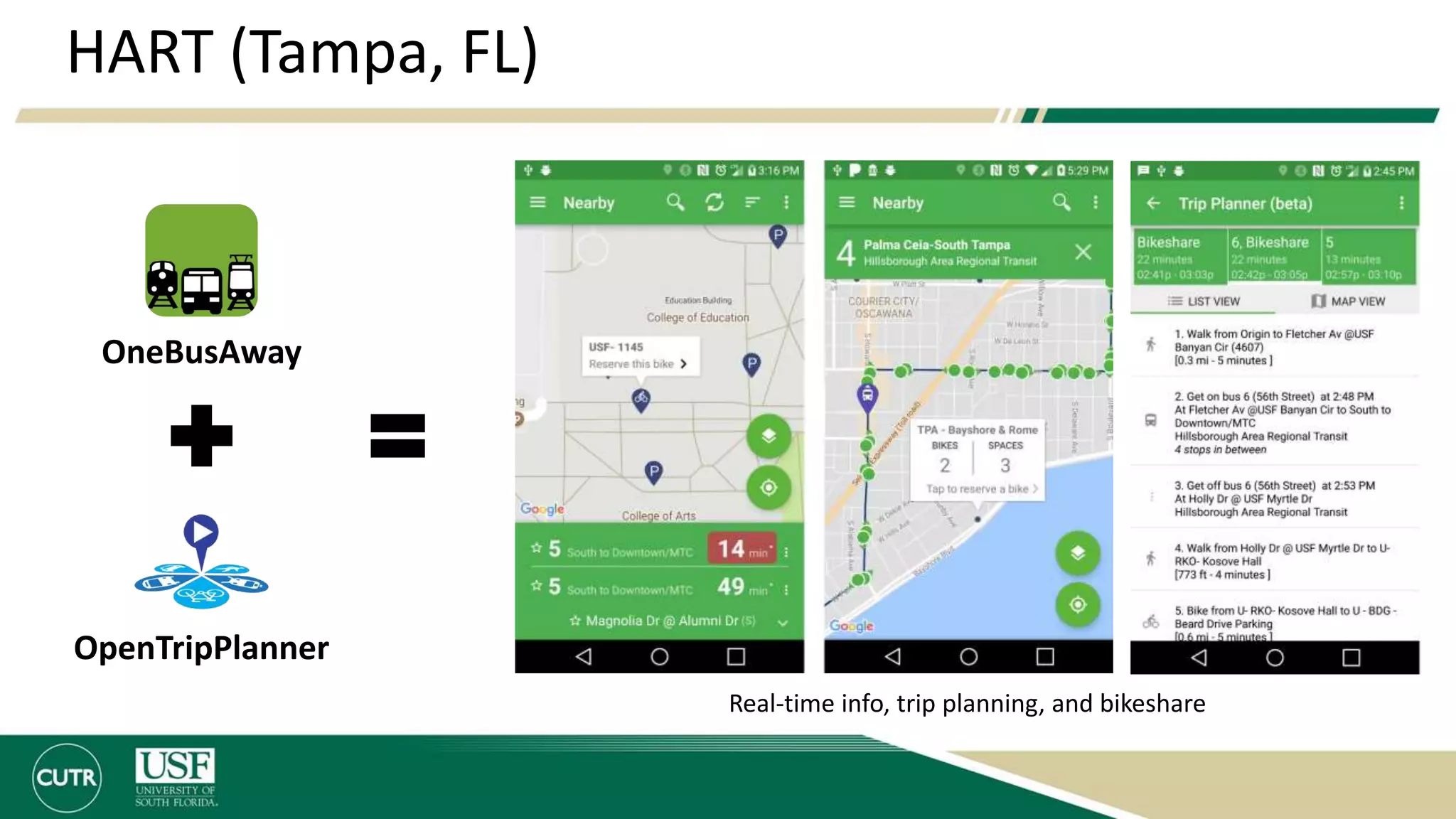 HART (Tampa, FL)
OpenTripPlanner
OneBusAway
Real-time info, trip planning, and bikeshare
 