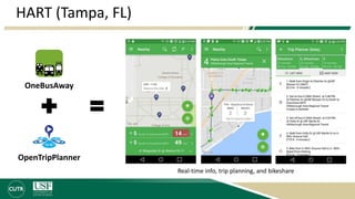 HART (Tampa, FL)
OpenTripPlanner
OneBusAway
Real-time info, trip planning, and bikeshare
 