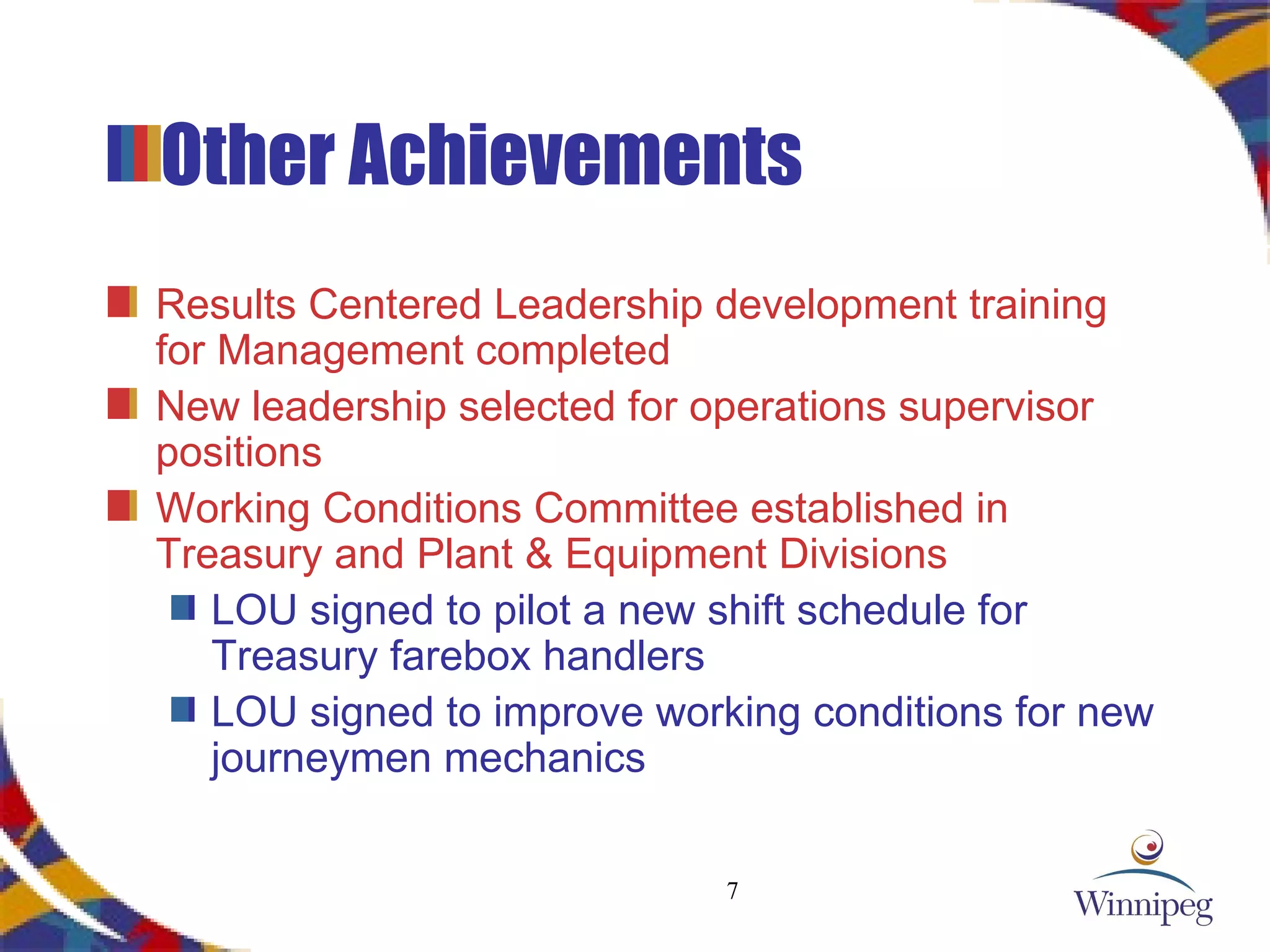 Other Achievements Results Centered Leadership development training for Management completed  New leadership selected for operations supervisor positions Working Conditions Committee established in Treasury and Plant & Equipment Divisions LOU signed to pilot a new shift schedule for Treasury farebox handlers LOU signed to improve working conditions for new journeymen mechanics 