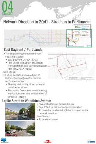 04SEGMENT
East Bayfront / Port Lands
Leslie Street to Woodbine Avenue
•	Forecasted transit demand is low
•	Post-2041 trans...
