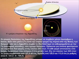 Η «μαύρη σταγόνα» της Αφροδίτης

Οι ηλιακές διελεύσεις της Αφροδίτης μπορεί να συμβούν μόνον Δεκέμβριο η
Ιούνιο, διότι τότε μόνο η Γη κατά την ετήσια τροχιά της περνά από τας θέσεις των
δεσμών - εάν και η Αφροδίτη συμβεί το ίδιο διάστημα να ευθυγραμμίζεται με την
Γη (εσωτερική σύνοδος), τότε έχουμε διέλευσιν. Πρόκειται για σπάνιο φαινόμενον
και συμβαίνει δυό φοράς εντός κύκλου 243 ετών. Η κάθε φορά αποτελείται από
ζεύγος διελεύσεων που απέχουν 8 έτη μεταξύ των. Είς τον κύκλον των 243 ετών
τα ζεύγη συμβαίνουν ανά 121,5 ±8 έτη, δηλαδή ανά 129,5 και 113,5 έτη (ο ρυθμός
είναι 8 - 121,5 - 8 - 105,5).
 