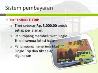 Sistem pembayaran
   TIKET SINGLE TRIP
     Tiket sebesar Rp. 3.000,00 untuk

       setiap perjalanan.
     Penumpang membeli tiket Single

       Trip di semua lokasi halte
     Penumpang menerima tiket

       Single Trip dan tiket siap
       digunakan
 