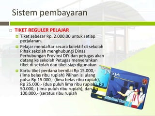Sistem pembayaran
   TIKET REGULER PELAJAR
       Tiket sebesar Rp. 2.000,00 untuk setiap
        perjalanan.
       Pelajar mendaftar secara kolektif di sekolah
        Pihak sekolah menghubungi Dinas
        Perhubungan Provinsi DIY dan petugas akan
        datang ke sekolah Petugas menyerahkan
        tiket di sekolah dan tiket siap digunakan
       Kartu tiket perdana bernilai Rp 15.000,-
        (lima belas ribu rupiah) Pilihan isi ulang
        pulsa Rp 15.000,- (lima belas ribu rupiah),
        Rp 25.000,- (dua puluh lima ribu rupiah), Rp
        50.000,- (lima puluh ribu rupiah), dan Rp
        100.000,- (seratus ribu rupiah
 