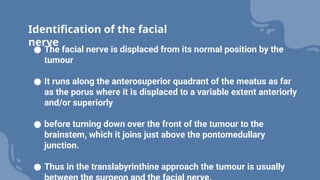 ● The facial nerve is displaced from its normal position by the
tumour
● It runs along the anterosuperior quadrant of the meatus as far
as the porus where it is displaced to a variable extent anteriorly
and/or superiorly
● before turning down over the front of the tumour to the
brainstem, which it joins just above the pontomedullary
junction.
● Thus in the translabyrinthine approach the tumour is usually
Identification of the facial
nerve
 