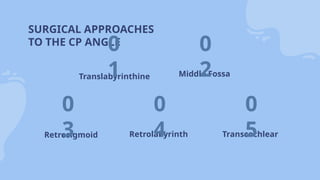 SURGICAL APPROACHES
TO THE CP ANGLE
Retrolabyrinth
0
4
Retrosigmoid
Translabyrinthine
0
1
0
3
Middle Fossa
0
2
Transcochlear
0
5
 