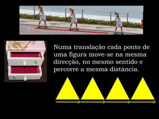 Numa translação cada ponto de
uma figura move-se na mesma
direcção, no mesmo sentido e
percorre a mesma distância.
 