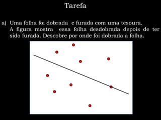 Tarefa

a) Uma folha foi dobrada e furada com uma tesoura.
   A figura mostra essa folha desdobrada depois de ter
   sido furada. Descobre por onde foi dobrada a folha.
 