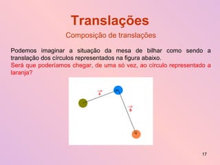 Translações Composição de translações Podemos imaginar a situação da mesa de bilhar como sendo a translação dos círculos representados na figura abaixo.  Será que poderíamos chegar, de uma só vez, ao círculo representado a laranja? 