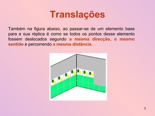Translações Também na figura abaixo, ao passar-se de um elemento base para a sua réplica é como se todos os pontos desse elemento fossem deslocados segundo  a mesma direcção ,  o mesmo sentido  e percorrendo  a mesma distância . 
