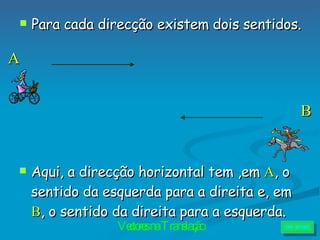 Aqui, a direcção horizontal tem ,em   A , o sentido da esquerda para a direita e, em  B , o sentido da direita para a esquerda. Para cada direcção existem dois sentidos. A B 