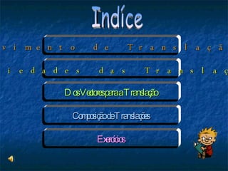 Movimento de Translação Propriedades das Translações Dos Vectores para a Translação Composição de Translações Exercícios Indíce 
