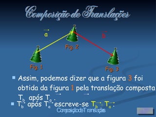 Composição de Translações Fig. 1 Fig. 2 Fig. 3 Assim, podemos dizer que a figura  3  foi obtida da figura  1  pela translação composta  T b   após T a  . T b   após T a   escreve-se  T b  ◦T a  . a b 