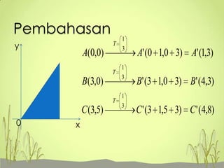 Pembahasan
y

T

A(0,0)
T

B(3,0)
T

C (3,5)
0

x

1
3

A' (0 1,0 3) A' (1,3)

1
3

B' (3 1,0 3) B' (4,3)

1
3

C ' (3 1,5 3) C ' (4,8)

 