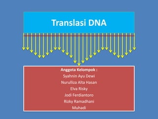 Translasi DNA
Anggota Kelompok :
Syahnin Ayu Dewi
Nurulliza Alta Hasan
Elva Risky
Jodi Ferdiantoro
Rizky Ramadhani
Muhadi
 