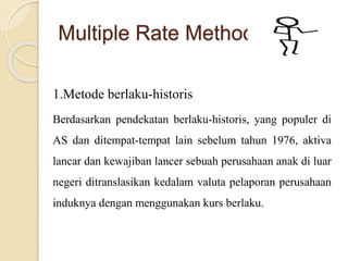 Multiple Rate Method:
1.Metode berlaku-historis
Berdasarkan pendekatan berlaku-historis, yang populer di
AS dan ditempat-tempat lain sebelum tahun 1976, aktiva
lancar dan kewajiban lancer sebuah perusahaan anak di luar
negeri ditranslasikan kedalam valuta pelaporan perusahaan
induknya dengan menggunakan kurs berlaku.
 