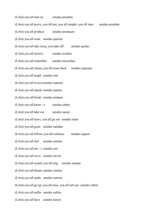 (LAm) you all turn on

ustedes prenden

(LAm) you all prove, you all test, you all sample, you all taste
(LAm) you all produce

ustedes producen

(LAm) you all want ustedes quieren
(LAm) you all take away, you take off

ustedes quitan

(LAm) you all receive

ustedes reciben

(LAm) you all remember

ustedes recuerdan

(LAm) you all return, you all come back

ustedes regresan

(LAm) you all laugh ustedes ríen
(LAm) you all review ustedes repasan
(LAm) you all repeat ustedes repiten
(LAm) you all break ustedes rompen
(LAm) you all know - s

ustedes saben

(LAm) you all take out

ustedes sacan

(LAm) you all leave, you all go out ustedes salen
(LAm) you all greet ustedes saludan
(LAm) you all follow, you all continue
(LAm) you all feel

ustedes siguen

ustedes sienten

(LAm) you all are - s ustedes son
(LAm) you all serve ustedes sirven
(LAm) you all sound, you all ring

ustedes suenan

(LAm) you all dream ustedes sueñan
(LAm) you all smile ustedes sonríen
(LAm) you all go up, you all raise, you all turn up ustedes suben
(LAm) you all suffer ustedes sufren
(LAm) you all have ustedes tienen

ustedes prueban

 