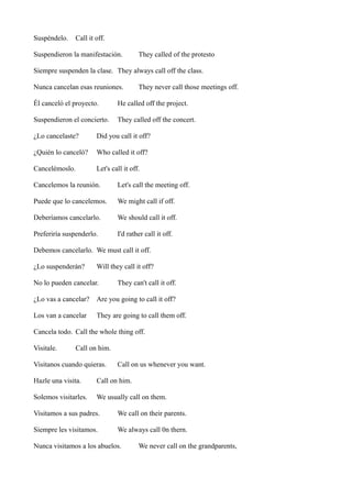 Suspéndelo.

Call it off.

Suspendieron la manifestación.

They called of the protesto

Siempre suspenden la clase. They always call off the class.
Nunca cancelan esas reuniones.

They never call those meetings off.

Él canceló el proyecto.

He called off the project.

Suspendieron el concierto.

They called off the concert.

¿Lo cancelaste?

Did you call it off?

¿Quién lo canceló?

Who called it off?

Cancelémoslo.

Let's call it off.

Cancelemos la reunión.

Let's call the meeting off.

Puede que lo cancelemos.

We might call if off.

Deberíamos cancelarlo.

We should call it off.

Preferiría suspenderlo.

I'd rather call it off.

Debemos cancelarlo. We must call it off.
¿Lo suspenderán?

Will they call it off?

No lo pueden cancelar.

They can't call it off.

¿Lo vas a cancelar?

Are you going to call it off?

Los van a cancelar

They are going to call them off.

Cancela todo. Call the whole thing off.
Visitale.

Call on him.

Visitanos cuando quieras.

Call on us whenever you want.

Hazle una visita.

Call on him.

Solemos visitarles.

We usually call on them.

Visitamos a sus padres.

We call on their parents.

Siempre les visitamos.

We always call 0n thern.

Nunca visitamos a los abuelos.

We never call on the grandparents,

 