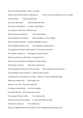 They never help each other. Nunca se ayudan.
Carlos returns from the office at half past six.
I must go sleep.

Carlos vuelve de la oficina a las seis y media.

Tengo que dormirme.

Take away these cups !

Llévese usted estas tazas !

The street is called Baeza.

La calle se llama Baeza.

I am going to sit here.Voy a sentarme aquí.
We are going away tomorrow.

Nos vamos mañana.

I have decided to live in Spain.

Me he decidido a vivir en España.

We are working with them. Estamos trabajando con ellos.
He has bought a present for me.

Ha comprado un regalo para mí.

Is he going to come back with you (pol.s) ? Va a volver con usted ?
The weather is against us.

El tiempo está contra nosotros.

They have gone away without him. Se han ido sin él.
He has always lived with me.Siempre ha vivido conmigo.
These letters are for her.

Estas cartas son para ella.

They are going to buy the house between them.

Van a comprar la casa entre ellos.

Are the children with you (fam.s) ? Están los niños contigo ?
According to him, the journey is too long. Según él, el viaje es demasiado largo.
What is the weather like ?

Qué tiempo hace ?

Today it's very cold. Hoy hace mucho frío.
It's going to rain tomorrow. Va a llover mañana.
I don't like this beer. No me gusta esta cerveza.
He is going to bring us coffee.

Va a traernos café.

He likes to go out every evening.

Le gusta salir todas las tardes.

I don't know where it is.

No sé dónde está.

They go to Spain because they like the sun. Van a España porque les gusta el sol.

 