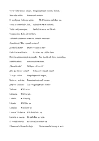Voy a visitar a unos amigos. I'm going to call on some friends.
Nunca los visito.

I never call on them

El hombre de Colón me visitó.

Mr. Columbus called on me.

Visité al hombre de Colón,

I called 0n Mr. Columbus,

Visité a viejos amigos.

I called 0n sorne old friends.

Visitémoslos. Let's call on thern.
Visitémoslos mañana. Let's call on them tomorrow.
¿los visitaste? Díd you call on them?
¿No la visitaste?

Didn't you call on her?

Preferiría no visitarlas.

I'd rather not call 0n them.

Deberías visitarnos más a menudo. You should call 0n us more often.
Debo visitarlos.

I should call 0n them.

¿Nos visitarás?

Will you call on uS?

¿Por qué no nos visitas?

Why don't you call on us?

Te voy a visitar.

I'm going to call on you,

No te voy a visitar.

I'm not going to call on you,

¿Me vas a visitar?

Are you going to call on me?

Visítame.

Call on me.

Llámame.

Call me up.

Llamala

Call her up.

Llámale

Call him up,

Llámalas,

Call them up.

Llama a Telefónica. Call Telefónica up.
Llamó a su esposa.

He called up his wife.

Él suele llamarlos.

He usually calls them up,

Ella nunca lo llama al trabajo.

She never calls him up at work.

 