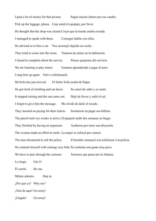 I paid a lot of money for that picture.

Pagué mucho dinero por ese cuadro.

Pick up the luggage, please. Coja usted el equipaje, por favor.
He thought that the shop was closed.Creyó que la tienda estaba cerrada.
I managed to speak with them.
He advised us to hire a car.

Conseguí hablar con ellos.

Nos aconsejó alquilar un coche.

They tried to come into the room.

Trataron de entrar en la habitación.

I intend to complain about the service.
We are learning to play tennis.

Pienso quejarme del servicio.

Estamos aprendiendo a jugar al tenis.

I rang him up again. Volví a telefonearle.
Mr.Solís has just arrived.

El Señor Solís acaba de llegar.

He got tired of climbing and sat down.

Se cansó de subir y se sentó.

It stopped raining and the sun came out.

Dejó de llover y salió el sol.

I forgot to give him the message.

Me olvidé de darle el recado.

They insisted on paying for their tickets.

Insistieron en pagar sus billetes.

The parcel took two weeks to arrive. El paquete tardó dos semanas en llegar.
They finished by having an argument.

Acabaron por tener una discusión.

The woman made an effort to smile. La mujer se esforzó por sonreir.
The man threatened to call the police.

El hombre amenazó con telefonear a la policía.

He contents himself with earning very little. Se contenta con ganar muy poco
We have to pass through the customs.
Lo tengo.

Got it!

Él corrió.

He ran.

Métete adentro.

Hop in.

¿Por qué yo? Why me?
¡Vete de aquí! Go away!
¡Lárgate!

Go away!

Tenemos que pasar por la Aduana.

 