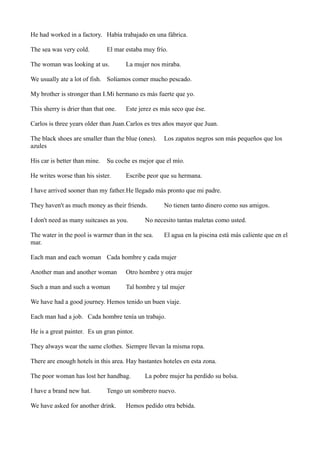 He had worked in a factory. Había trabajado en una fábrica.
The sea was very cold.

El mar estaba muy frío.

The woman was looking at us.

La mujer nos miraba.

We usually ate a lot of fish. Solíamos comer mucho pescado.
My brother is stronger than I.Mi hermano es más fuerte que yo.
This sherry is drier than that one.

Este jerez es más seco que ése.

Carlos is three years older than Juan.Carlos es tres años mayor que Juan.
The black shoes are smaller than the blue (ones).
azules
His car is better than mine.

Los zapatos negros son más pequeños que los

Su coche es mejor que el mío.

He writes worse than his sister.

Escribe peor que su hermana.

I have arrived sooner than my father.He llegado más pronto que mi padre.
They haven't as much money as their friends.
I don't need as many suitcases as you.

No tienen tanto dinero como sus amigos.

No necesito tantas maletas como usted.

The water in the pool is warmer than in the sea.
mar.

El agua en la piscina está más caliente que en el

Each man and each woman Cada hombre y cada mujer
Another man and another woman

Otro hombre y otra mujer

Such a man and such a woman

Tal hombre y tal mujer

We have had a good journey. Hemos tenido un buen viaje.
Each man had a job. Cada hombre tenía un trabajo.
He is a great painter. Es un gran pintor.
They always wear the same clothes. Siempre llevan la misma ropa.
There are enough hotels in this area. Hay bastantes hoteles en esta zona.
The poor woman has lost her handbag.
I have a brand new hat.

La pobre mujer ha perdido su bolsa.

Tengo un sombrero nuevo.

We have asked for another drink.

Hemos pedido otra bebida.

 