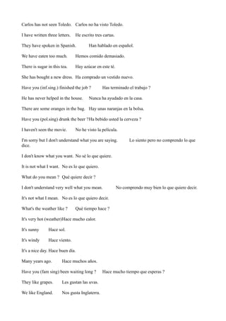 Carlos has not seen Toledo. Carlos no ha visto Toledo.
I have written three letters.

He escrito tres cartas.

They have spoken in Spanish.

Han hablado en español.

We have eaten too much.

Hemos comido demasiado.

There is sugar in this tea.

Hay azúcar en este té.

She has bought a new dress. Ha comprado un vestido nuevo.
Have you (inf.sing.) finished the job ?
He has never helped in the house.

Has terminado el trabajo ?

Nunca ha ayudado en la casa.

There are some oranges in the bag. Hay unas naranjas en la bolsa.
Have you (pol.sing) drunk the beer ?Ha bebido usted la cerveza ?
I haven't seen the movie.

No he visto la película.

I'm sorry but I don't understand what you are saying.
dice.

Lo siento pero no comprendo lo que

I don't know what you want. No sé lo que quiere.
It is not what I want. No es lo que quiero.
What do you mean ? Qué quiere decir ?
I don't understand very well what you mean.

No comprendo muy bien lo que quiere decir.

It's not what I mean. No es lo que quiero decir.
What's the weather like ?

Qué tiempo hace ?

It's very hot (weather)Hace mucho calor.
It's sunny

Hace sol.

It's windy

Hace viento.

It's a nice day. Hace buen día.
Many years ago.

Hace muchos años.

Have you (fam sing) been waiting long ?
They like grapes.

Les gustan las uvas.

We like England.

Nos gusta Inglaterra.

Hace mucho tiempo que esperas ?

 