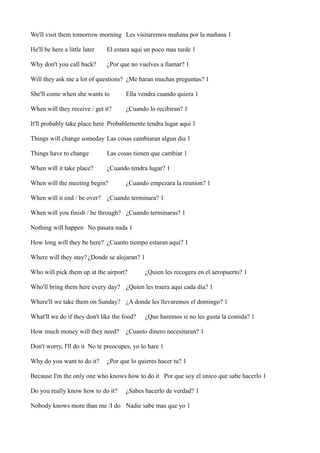 We'll visit them tomorrow morning Les visitaremos mañana por la mañana 1
He'll be here a little later

El estara aqui un poco mas tarde 1

Why don't you call back?

¿Por que no vuelves a llamar? 1

Will they ask me a lot of questions? ¿Me haran muchas preguntas? 1
She'll come when she wants to

Ella vendra cuando quiera 1

When will they receive / get it?

¿Cuando lo recibiran? 1

It'll probably take place here Probablemente tendra lugar aqui 1
Things will change someday Las cosas cambiaran algun dia 1
Things have to change

Las cosas tienen que cambiar 1

When will it take place?

¿Cuando tendra lugar? 1

When will the meeting begin?

¿Cuando empezara la reunion? 1

When will it end / be over? ¿Cuando terminara? 1
When will you finish / be through? ¿Cuando terminaras? 1
Nothing will happen No pasara nada 1
How long will they be here? ¿Cuanto tiempo estaran aqui? 1
Where will they stay? ¿Donde se alojaran? 1
Who will pick them up at the airport?

¿Quien les recogera en el aeropuerto? 1

Who'll bring them here every day? ¿Quien les traera aqui cada dia? 1
Where'll we take them on Sunday? ¿A donde les llevaremos el domingo? 1
What'll we do if they don't like the food?
How much money will they need?

¿Que haremos si no les gusta la comida? 1

¿Cuanto dinero necesitaran? 1

Don't worry, I'll do it No te preocupes, yo lo hare 1
Why do you want to do it?

¿Por que lo quieres hacer tu? 1

Because I'm the only one who knows how to do it Por que soy el unico que sabe hacerlo 1
Do you really know how to do it?

¿Sabes hacerlo de verdad? 1

Nobody knows more than me /I do Nadie sabe mas que yo 1

 